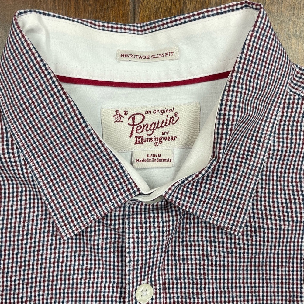 Mens long sleeve red, white, blue small plaid button down by Penguin size large - Picture 5 of 6